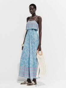 Lumivelle Paisley Floral Print Multi-Color Combination 2 In 1 Spaghetti Strap Backless Waist Cinched Vacation Holiday Casual Sexy Retro Romantic Minimalist Commuter Vacation Extra Long Jumpsuit For Women, Spring/Summer - Baby Blue - View 7