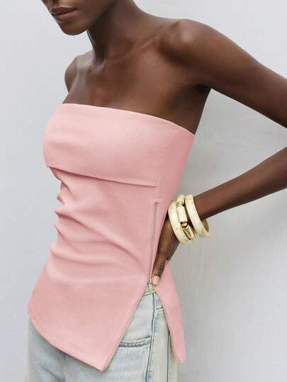 Maija 1 pieza Camiseta corta sin mangas de color negro sólido para mujer con cremallera lateral y bajo con abertura