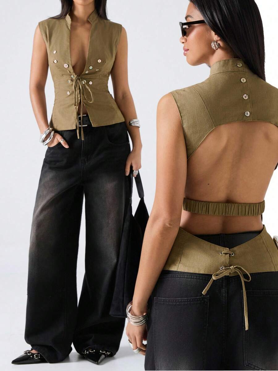 LYSMO 2026 New Arrive Minimalism Spring/Summer Women's Solid Color Deep V-Neck Sleeveless Tie Knot Button Decor Summer Tank Top, Going Out Top, Work/Business Casual/ Office For Women, Vacation/Boho - Olive Green - View 1