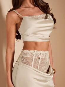 SHEIN BAE Elegancki komplet spódnicy syreny z satyny w kolorze morelowym z koronką i wiązaniem na ramiączkach, 2 sztuki dla kobiet, elegancka spódnica w kolorze morelowym, odpowiednia na imprezę, koktajl, urodziny, dla druhen i gości weselnych - Morela - Zobacz 8
