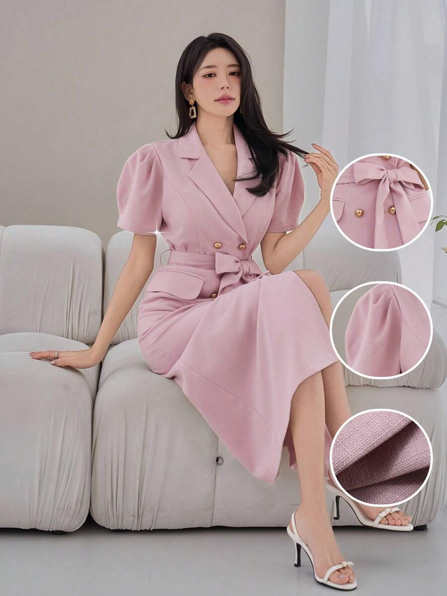 DAZY 女士优雅纯色连衣裙，翻领、泡泡袖、腰带设计，中长款婚礼宾客连衣裙，夏季长款连衣裙 - 粉色 - 查看 1