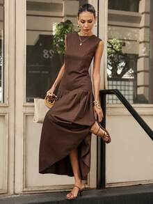 Editum Đầm dài nữ kiểu dáng thanh lịch, màu trơn, chất liệu 100% cotton, mềm mại, thoáng mát như vải lanh, phù hợp cho đi làm hàng ngày, công sở và nhiều dịp khác. - màu nâu - Xem 7