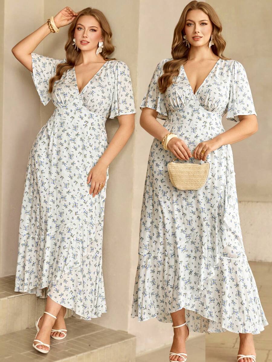 Roveilla Đầm maxi dáng chữ A thanh lịch kiểu Bohemian mùa xuân/hè dành cho nữ, chất liệu chiffon, cổ chữ V, tay phồng, thắt eo, in họa tiết hoa, thích hợp cho công sở, thường ngày, kỳ nghỉ, tiệc trà lãng mạn, tiệc bãi biển. - Xanh và trắng - Xem 1