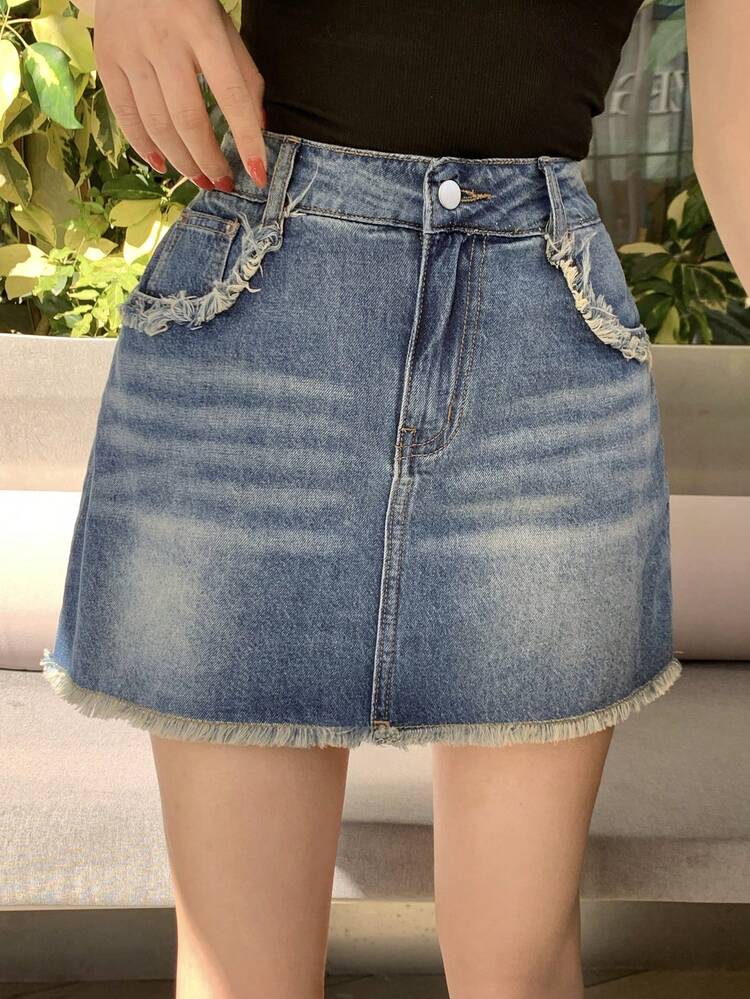 Casual Vacation Style Beach Vintage Washed Distressed Design Pocket Decor Street Outdoor Short Women Denim Skirt, Spring/Summer
