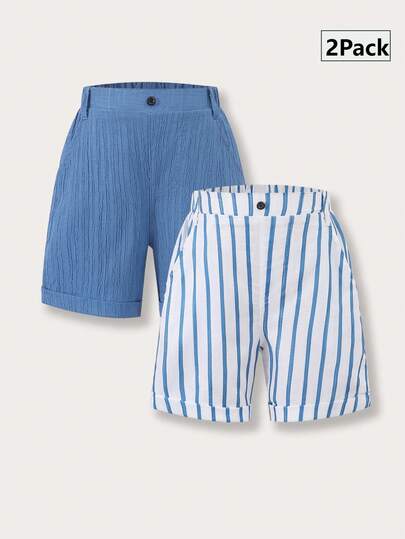 2pcs/Set Boys' Shorts, Solid Navy Minimalist Style, Blue & White Striped Fresh & Neat, Cuffed Hem + Pockets Design Practical & Stylish. Suitable For Boys' Daily Wear, Outdoor Play, Family Outings In Summer, Casual & Comfortable