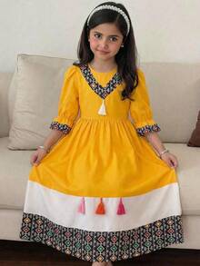 SHEIN Tween Girl Bohemian Style Geometric Patchwork Tassel Dress - Yellow - View 2