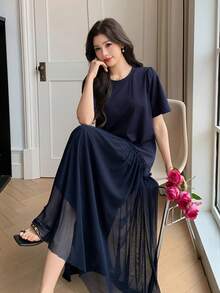 DAZY 女士优雅网纱拼接不对称中长连衣裙，夏季婚礼宾客礼服 - 藏蓝色 - 查看 1