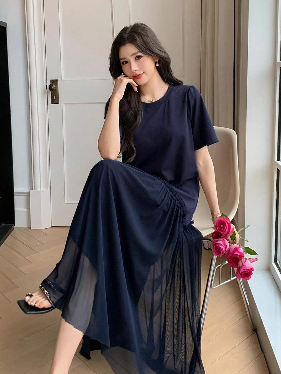 DAZY 女士优雅网纱拼接不对称中长连衣裙，夏季婚礼宾客礼服 - 藏蓝色 - 查看 1