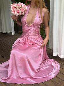 Livesso Pink Summer Girly Sexy Tropical Date Night Vacation Holiday Backless Spaghetti Strap Dress,Elegant Flared Midi Sun Dresses For Women,Wedding Party - Hot Pink - View 2