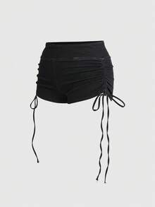 ROMWE Quần short denim siêu ngắn màu đen ôm sát, co giãn cao, cỡ lớn, dễ phối đồ. - màu đen - Xem 2