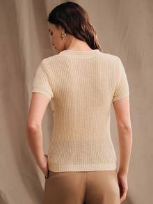 Anewsta Women's Modern Round Neck Metal Embellished Short Sleeve Blouse - Beige - View 2