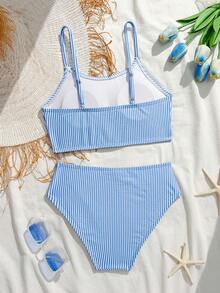 少女比基尼套装，清新风格，泡泡面料蓝白条纹上衣和泳裤，露脐吊带上衣+泳裤，两件套，时尚休闲优雅，适合游泳、夏季度假、海滩、泳池、假日派对等场合。 - 藍白色 - 查看 3