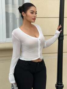 Dazy Plus Tight-Fitting Contrast Lace Frill Trim Long Sleeve White Casual T-Shirt, Versatile For Spring/Summer - White - View 5