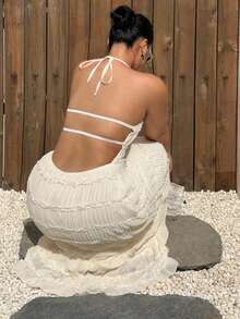 Dazy Plus Chiffon Mesh Sexy Lace-Up Backless Dress, Vacation Style, White - White - View 2