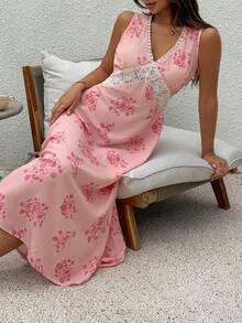 DAZY Floral Print Sleeveless Waist Lace Patchwork Maxi Nightgown Dress, Women Summer Loungewear - Pink - View 3