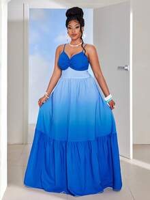 Maweii Plus Size Women Gradient Blue Twist Strap Layered Dress, Vacation Style - Blue - View 5