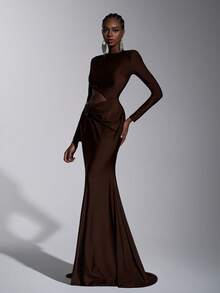 Elitara Đầm dạ hội màu nâu sô cô la thanh lịch, tay dài, chất liệu vải dệt kim, khóa kim loại rỗng ở eo, xếp ly, dáng đuôi cá, thích hợp cho các buổi lễ thời trang, dạ hội, sự kiện kinh doanh, tiệc khiêu vũ, tiệc trà và các dịp trang trọng khác dành cho phái nữ. - Màu nâu  Mocha - Xem 5