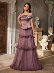 Aureia Elegant Luxury Vintage Off Shoulder Satin Patchwork Maxi Dress,Handcrafted Rhinestone Decor Tulle 3D Floral Design,Formal Gown For Weddings & Galas - Purple - View 6