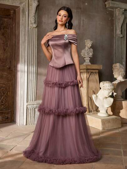 Aureia Elegant Luxury Vintage Open Shoulder Cream Satin Patchwork Off Shoulder Handcrafted Rhinestone Decor Tulle 3D Floral Design Maxi Dress, Suitable For Festivals, Weddings, Galas, Business Banquets And Other Formal Events