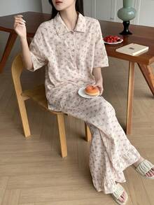 DAZY 两件套女士夏季碎花衬衫开衫和荷叶边裤睡衣套装 - 白色 - 查看 6