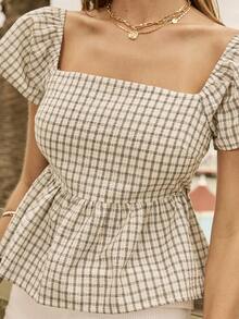 Aralina Women's Plaid Check Flutter Sleeve Ruched Back Square Neck Summer Baby Doll Peplum Top Cute Valentines Day Going Out Holiday Vacation Y2K Stockholm Style - Black and White - View 4