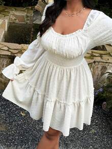 Sunnyshic Robe princesse à col carré et manches en pétale de style français pour femmes grandes tailles, été - Blanc - Voir 1