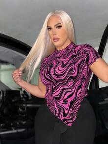 SHEIN SXY Twisted Pattern Sheer Summer Short Sleeve Asymmetrical Hem Blouse - Hot Pink - View 5