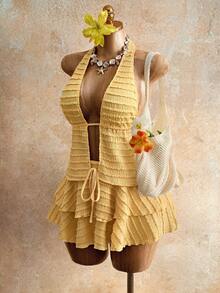 Mistrie 这是Lady最新的春夏系列。这款性感无袖露背上衣搭配半身裙，采用条纹纹理面料制成。它非常适合年轻、性感、时尚的女孩，是海滩度假的理想两件套。 - 黃色 - 查看 6