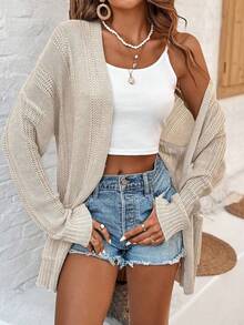 Franclia Women's Solid Color Drop Shoulder Cardigan With Double Pockets, Open Front Fall Winter Cloth For Women - Apricot - View 7