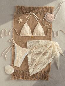 Swim Mod 3-Piece Set, Spring/Summer Vacation Floral Textured Fabric Gold Floral Decor Halter Triangle Bra, Side Tie Bikini Bottoms And Sarong Skirt Sexy Women Swimwear 3-Piece Set Lace Bikini Top Lace Sarong Beach Cover Up Set Bikini Top Bikini With Cover Up Beaded Bikini Top Seashell Outfit Festival Two Pieces Outfit Women Vacation Outfit Sets Bikini Top Cover Up Women's Beach Outfits Women's Holiday Co Ord Bikinis Set For Women With Cover Up - Multicolor - View 5