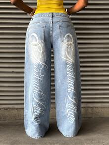 StreetHx Women's Fashionable Casual Versatile Y2K English Print Straight Leg Jeans - Light Wash - View 1