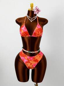 Swim Mod Bộ bikini hai mảnh tam giác, dây mảnh, màu cam phối họa tiết hoa hồng bên hông, cạp cao, thích hợp cho mùa Xuân/Hè 2026 dành cho nữ. - Nhiều màu - Xem 3