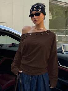 SHEIN EZwear Women's New Coffee Brown Asymmetrical Shoulder Collar Eyelet Design Waist Sweatshirt - Coffee Brown - View 3