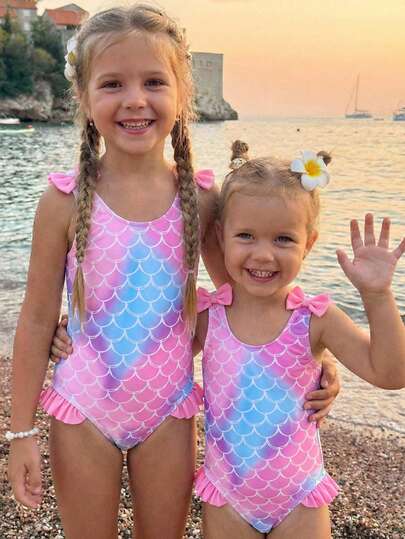 Emery Rose Kids Emery Rose Kids Young Girl Cute Fish Scale Random Print Ruffle Trim One-Piece Swimsuit, Summer Beach Holiday