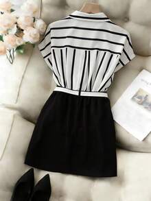 GlowEve CURVE Bộ đồ nữ thường ngày kẻ sọc tay ngắn + chân váy chữ A cạp cao thanh lịch, thích hợp cho công sở, mùa xuân/hè. - Nhiều màu - Xem 2