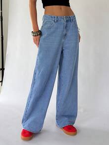 SHEIN TRNDY Casual Summer Straight Loose Fit Jeans With Pockets, Versatile Daily Wear - Light Wash - View 4