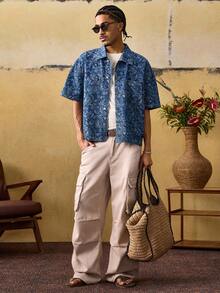 ROMWE MEN Street Life Men's All-Over Print Front Button Pocket Casual Short Sleeve Denim Shirt - Blue - View 6