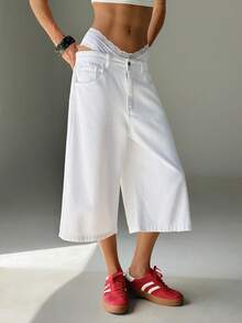 TRNVIE Women's Casual Everyday Commute Simple Solid Color 7/8 Wide Leg Jeans - White - View 4