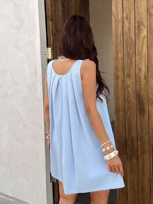 INAWLY Elegant 3D Floral Light Blue Pleated Dress,Relaxed Loose Fit Summer Mama Mia Party Holiday,Perfect For Vacations,Island Getaways,Everyday Wear - Multicolor - View 2