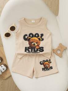 SHEIN Baby Boy Summer Knit Casual Short Sleeve T-Shirt And Shorts Set,English Cool Bear Print Top And Pants 2pcs Outfit,Beige Beach Wear For Outing,Party - Multicolor - View 4