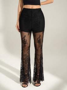 SHEIN Tall Women's Sexy Elegant Lace Sheer Flare Pants - Black - View 6