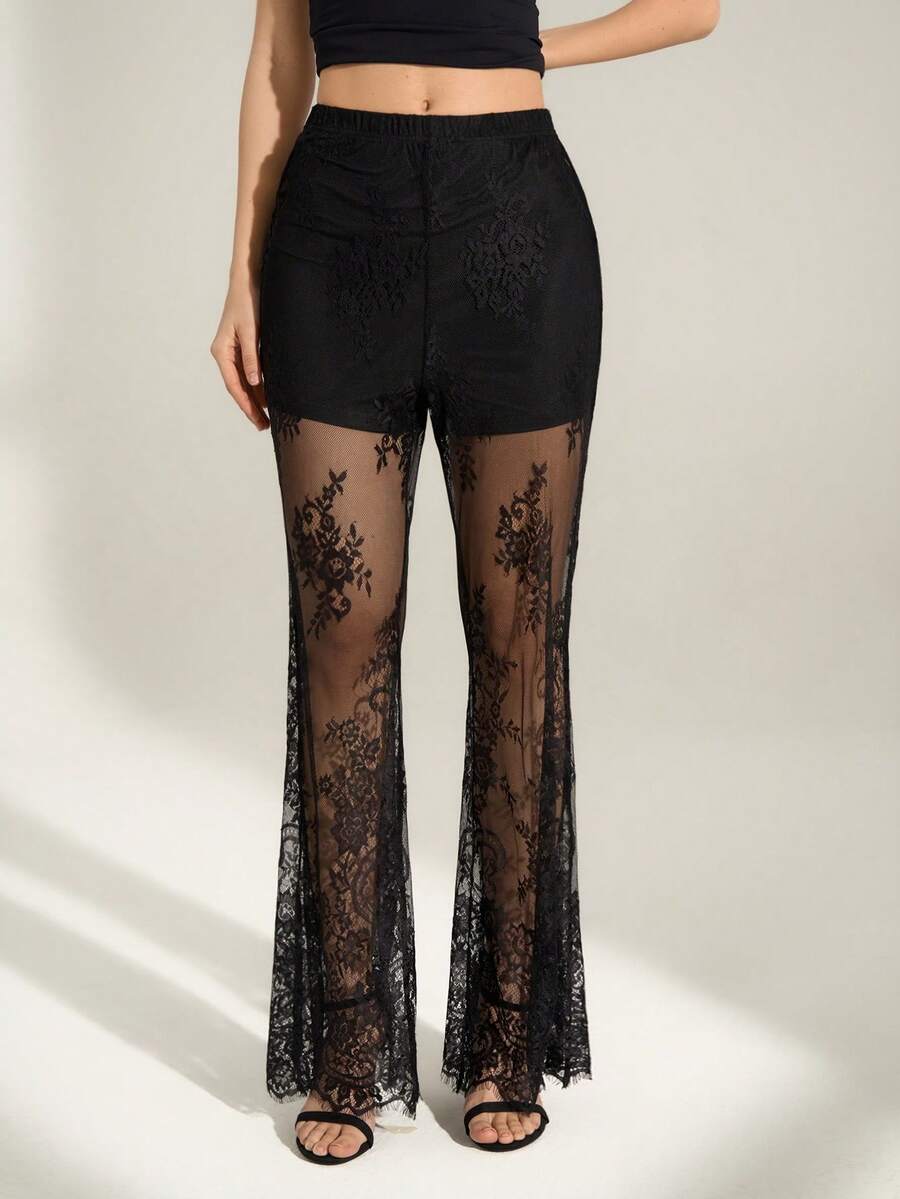 SHEIN Tall Women's Sexy Elegant Lace Sheer Flare Pants - Black - View 1