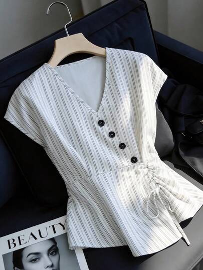 GlowEve 女士优雅休闲V领条纹纽扣装饰衬衫，宽肩荷叶边下摆