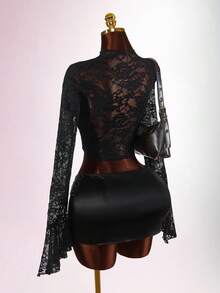 Amplova Women's Lace Long Sleeve Top With Metal Buckle Bust Cup, Sexy & Avant-Garde, Suitable For Party, Banquet, Christmas Eve - Black - View 11