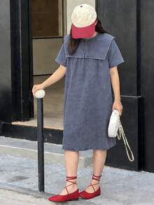 DAZY Tween Girl Solid Color Round Neck Casual Short Sleeve Denim Dress Summer - Blue - View 5