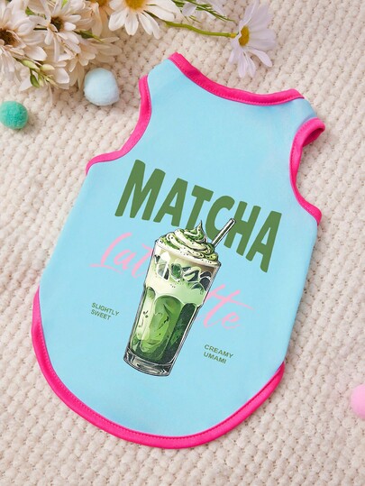 PETSIN 1pc Green Milk Tea Cup With Letter Printed Pet Vest, Light Blue With Rose Red, Skin Friendly And Breathable Pet Clothing