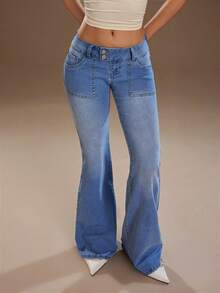 TRNVIE Quần jeans ống loe cạp cao, túi vá, dáng suông, thời trang thường ngày. - Rửa nhẹ - Xem 8