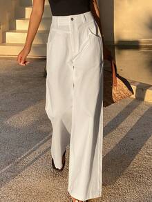 DAZY Women's Loose Pocket Wide Leg Pants, Casual Vacation Wear, Spring/Summer - White - View 3