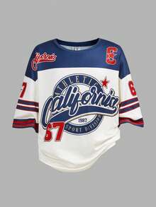 少女落肩印花针织T恤和喇叭裤两件套，休闲时尚，百搭，适合派对、郊游、姐妹合照、公园、露营、度假、日常休闲等场合。 - 白色 - 查看 5