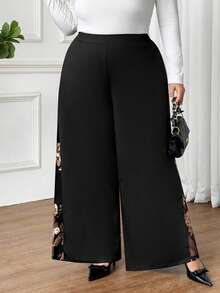 SHEIN CURVE+ Plus Size Women's Romantic Elegant Fashion Black High Waist Sequin Embroidery Mesh Patchwork Wide Leg Pants, Stretchy Knit Trousers - Black - View 4